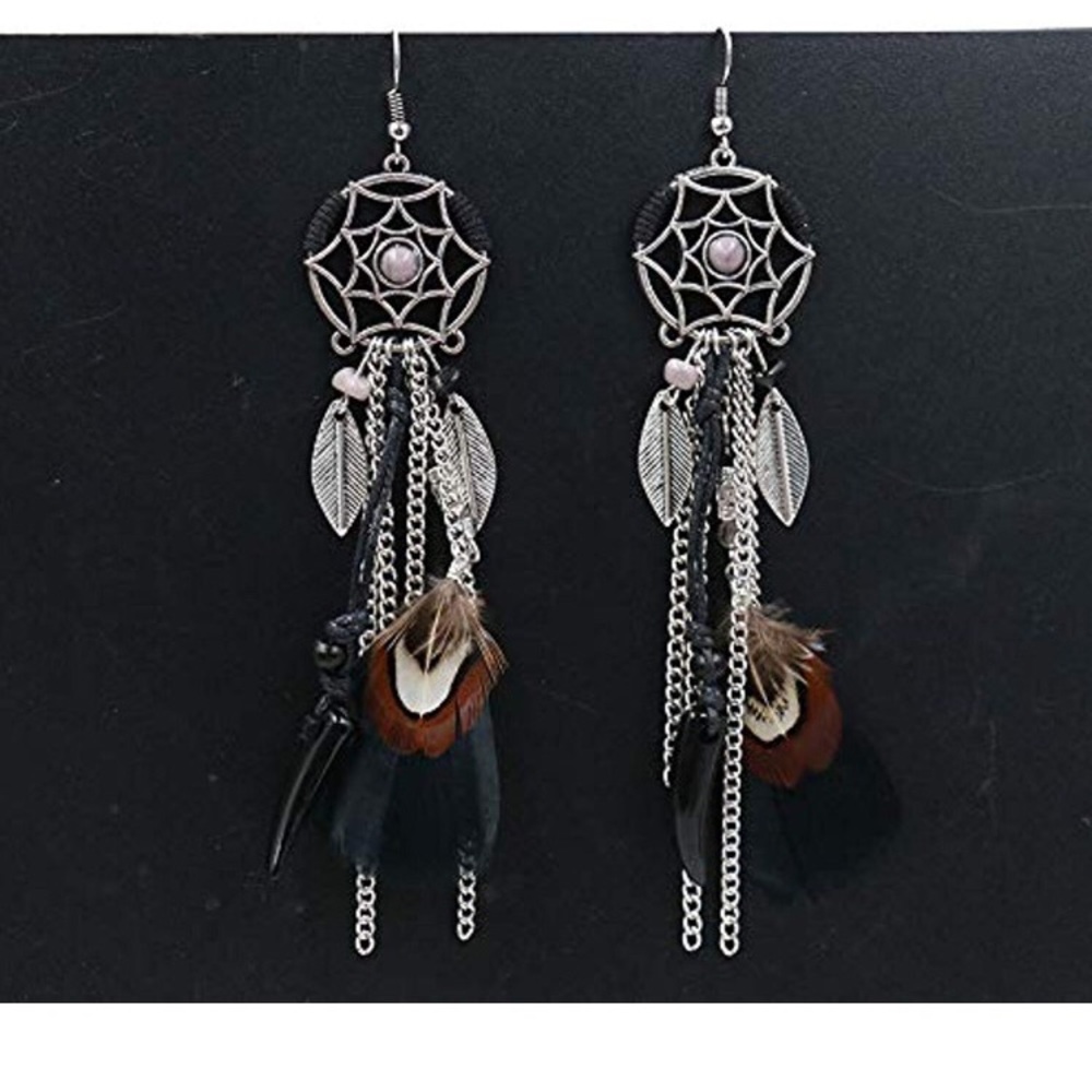 Feather earrings boho silver with brown black